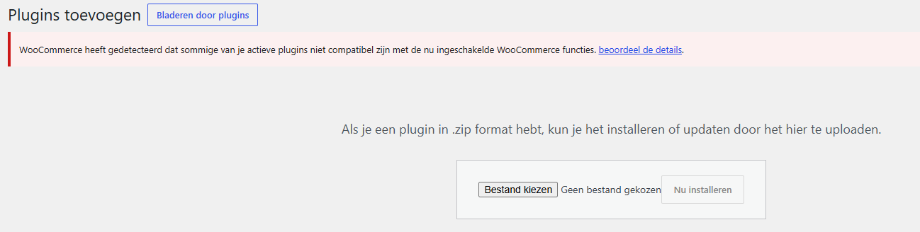 WordPress-scherm Plugins toevoegen met de knop Bestand kiezen om een zipbestand te uploaden