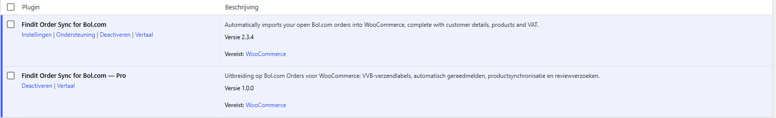 De plugins Findit Order Sync for Bol.com en de Pro-uitbreiding staan actief in de pluginlijst