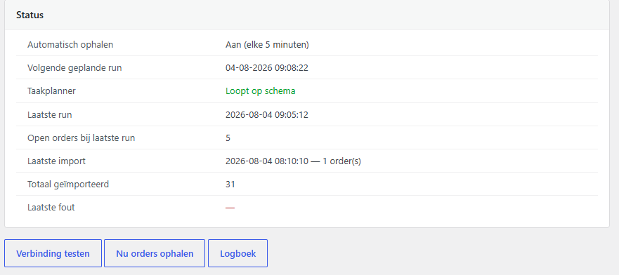 Statusblok van de Bol.com-plugin met automatisch ophalen, laatste run en totaal geïmporteerde orders