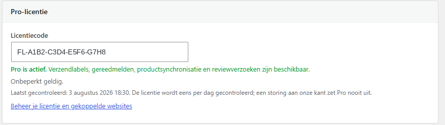 Het veld Licentiecode met de melding dat Pro actief is