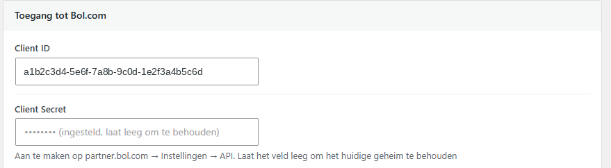 De velden Client ID en Client Secret onder Toegang tot Bol.com