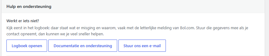 Het blok Hulp en ondersteuning met knoppen naar het logboek en de documentatie