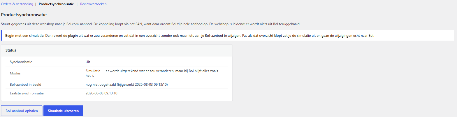 Statusblok van de productsynchronisatie met de knoppen Bol-aanbod ophalen en Simulatie uitvoeren