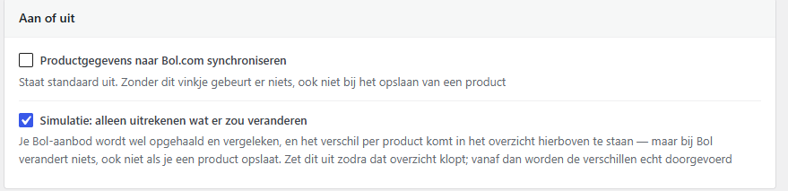 De vinkjes om productsynchronisatie aan te zetten en de simulatiemodus