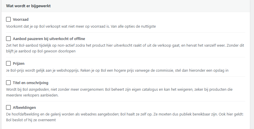 Keuze welke productgegevens naar Bol gaan: voorraad, aanbod pauzeren, prijzen, titel en afbeeldingen