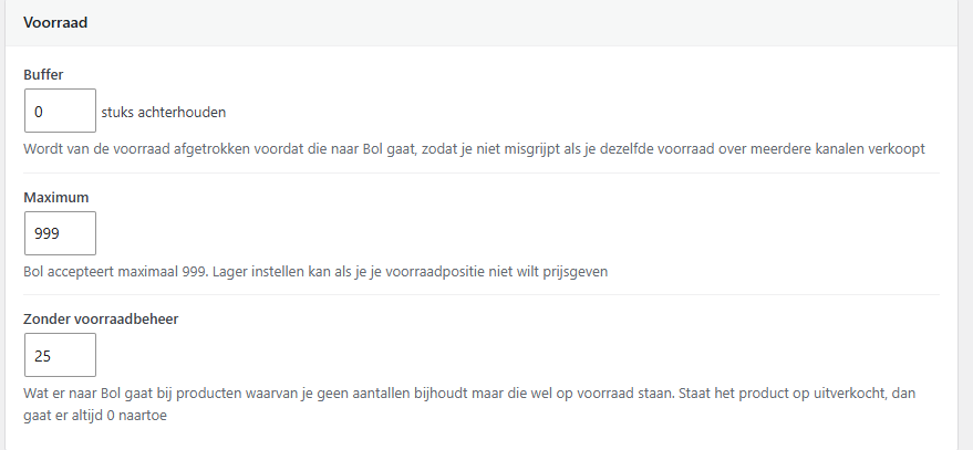 Voorraadinstellingen met buffer, maximum en de waarde voor producten zonder voorraadbeheer
