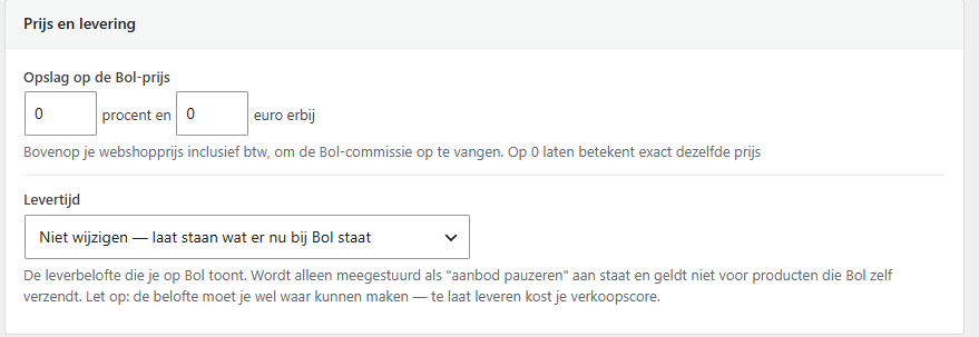Instellingen voor de opslag op de Bol-prijs en de levertijd