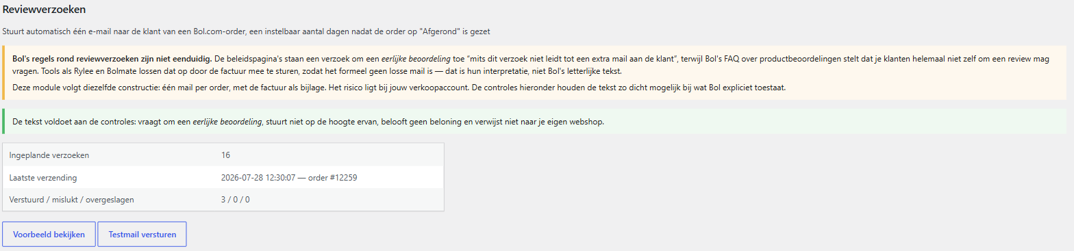 Uitleg en status van de module Reviewverzoeken