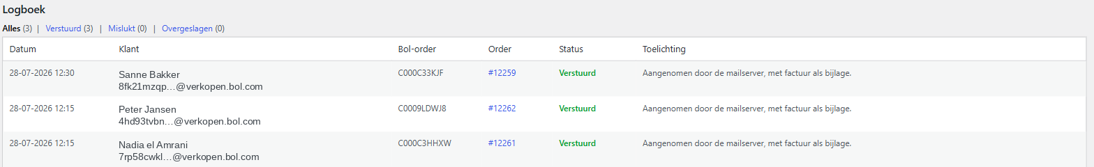 Logboek van verstuurde reviewverzoeken per klant en order