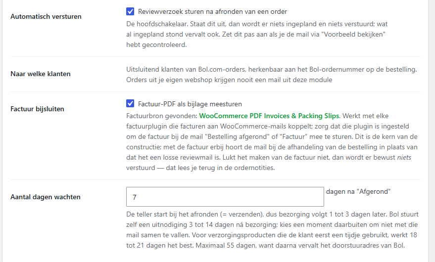 Instellingen voor wanneer en aan wie het reviewverzoek wordt gestuurd