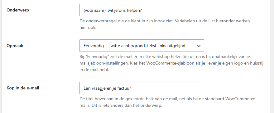 Instellingen voor onderwerp, opmaak en kop van de reviewmail