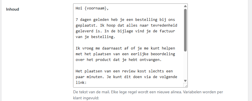 Het tekstveld met de inhoud van de reviewmail