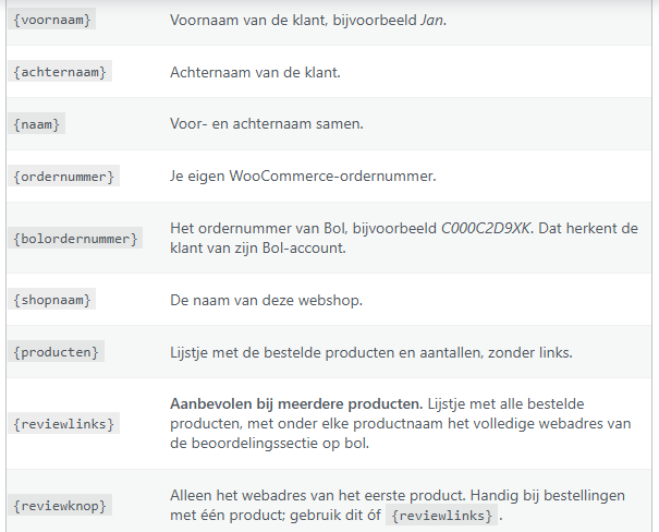 Overzicht van de variabelen die je in de reviewmail kunt gebruiken