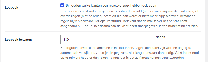 Instellingen voor het logboek en hoe lang regels bewaard blijven