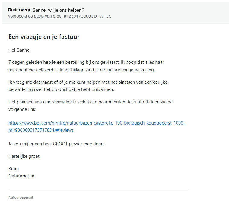 Voorbeeldweergave van de reviewmail zoals de klant hem ontvangt