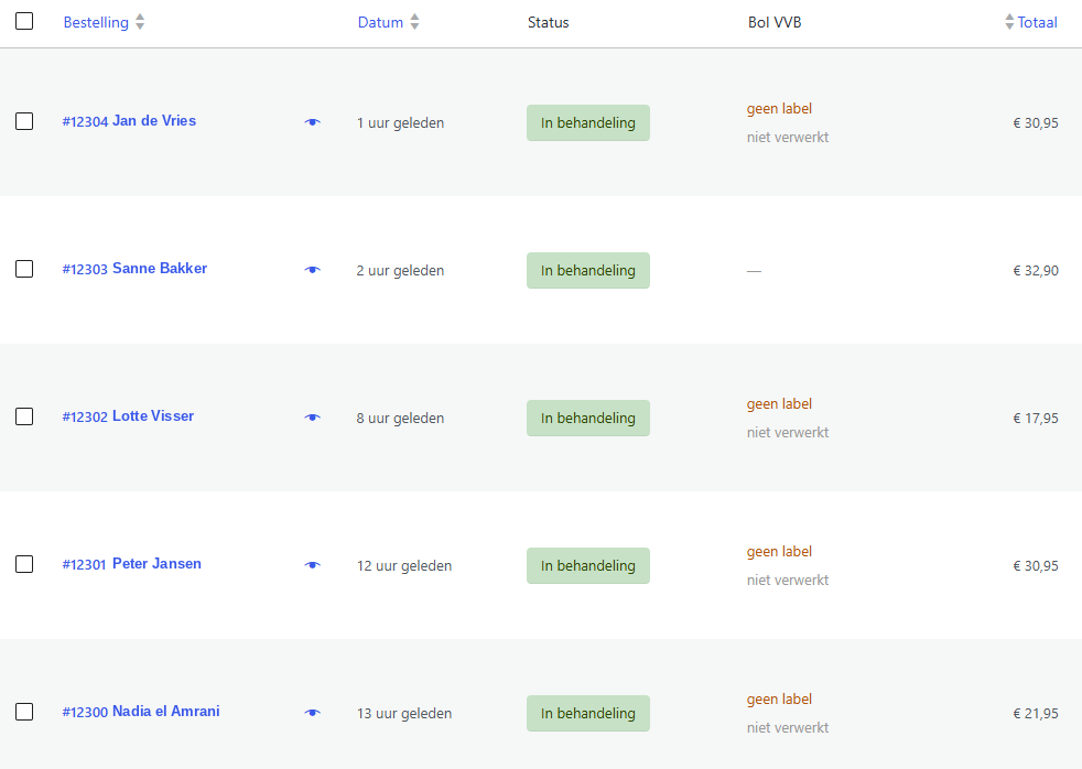 Orderoverzicht met de kolom Bol VVB waarin de labelstatus per order staat