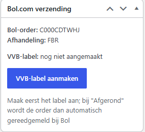 Het blok Bol.com verzending op de orderpagina met de knop VVB-label aanmaken