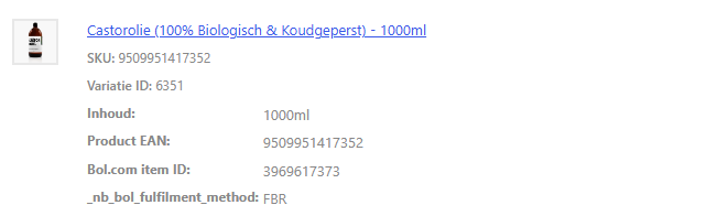Een orderregel met SKU, product-EAN en het Bol.com item ID