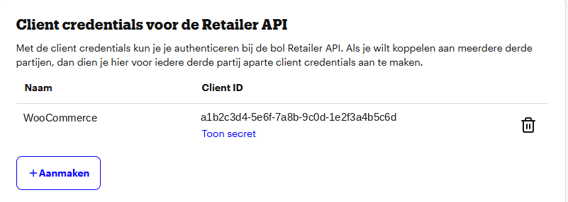 Het blok Client credentials voor de Retailer API in je Bol-verkoopaccount, met de knop Aanmaken