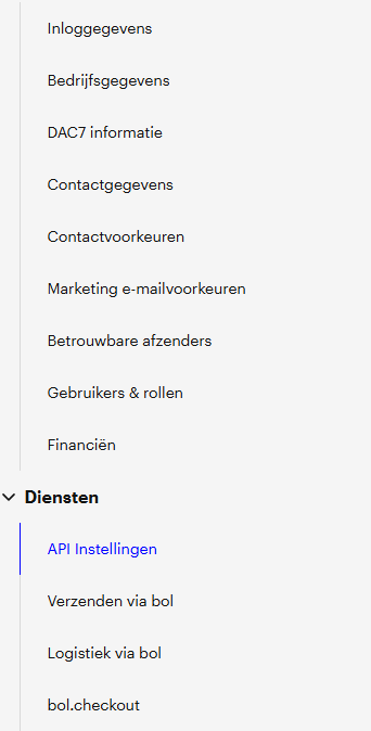 Het menu Instellingen in je Bol-account met onder Diensten de optie API Instellingen